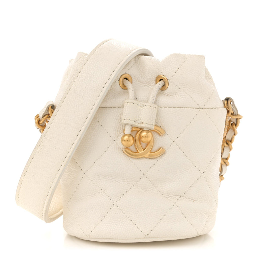Caviar Quilted Twist Your Buttons Mini Bucket Bag White