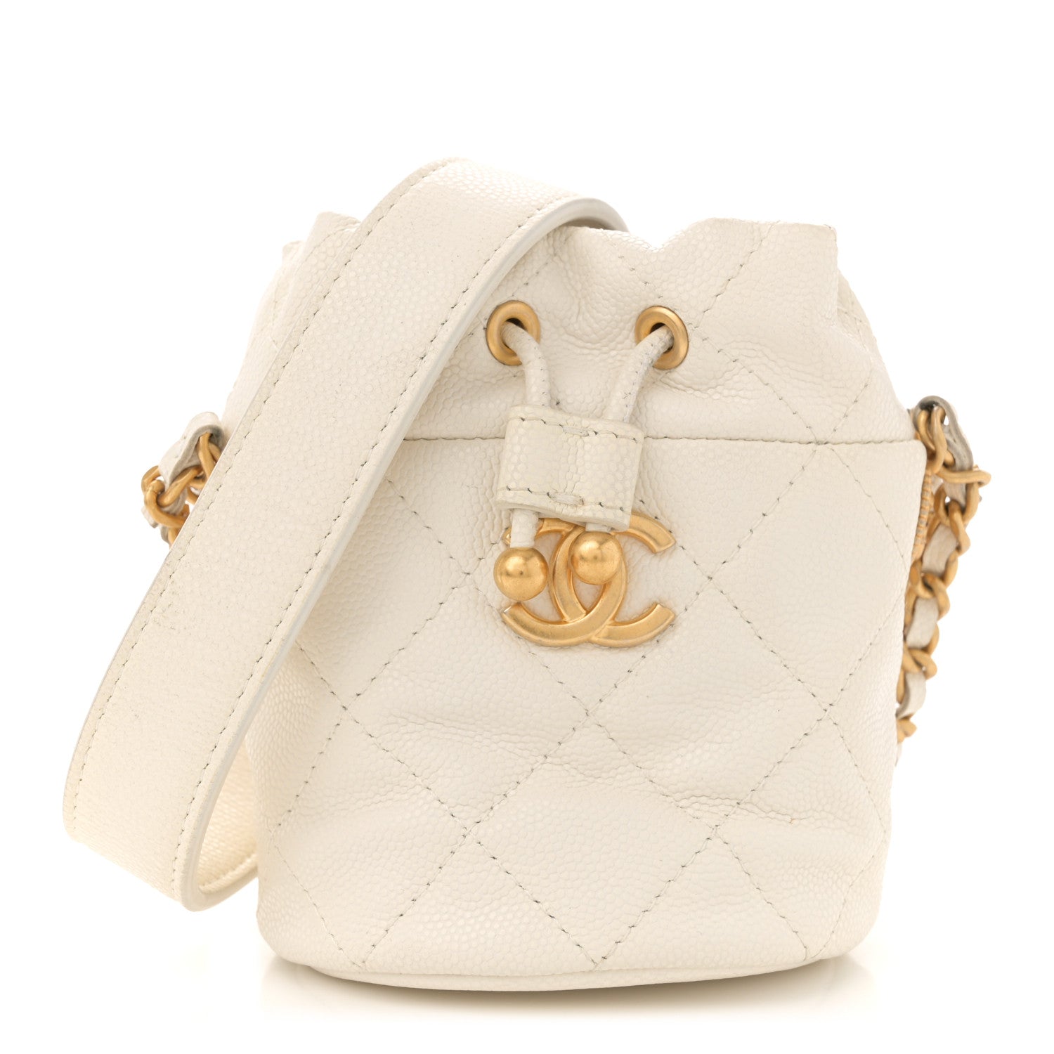 Caviar Quilted Twist Your Buttons Mini Bucket Bag White
