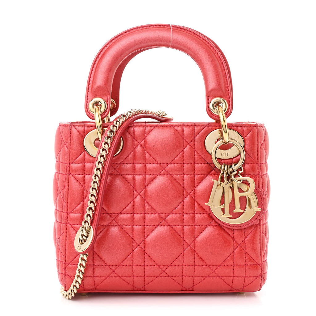 Metallic Lambskin Cannage Mini Lady Dior Red