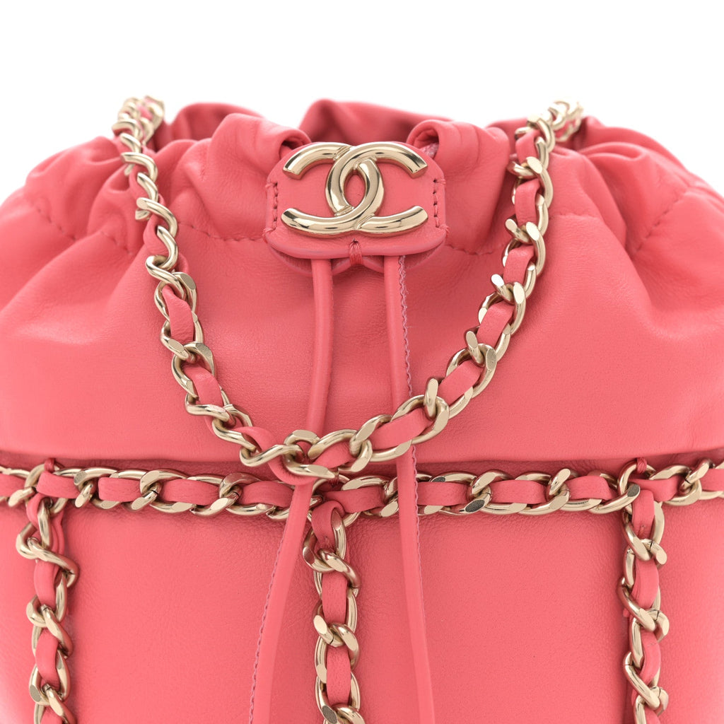 Lambskin Bucket Chain Drawstring Bag Pink