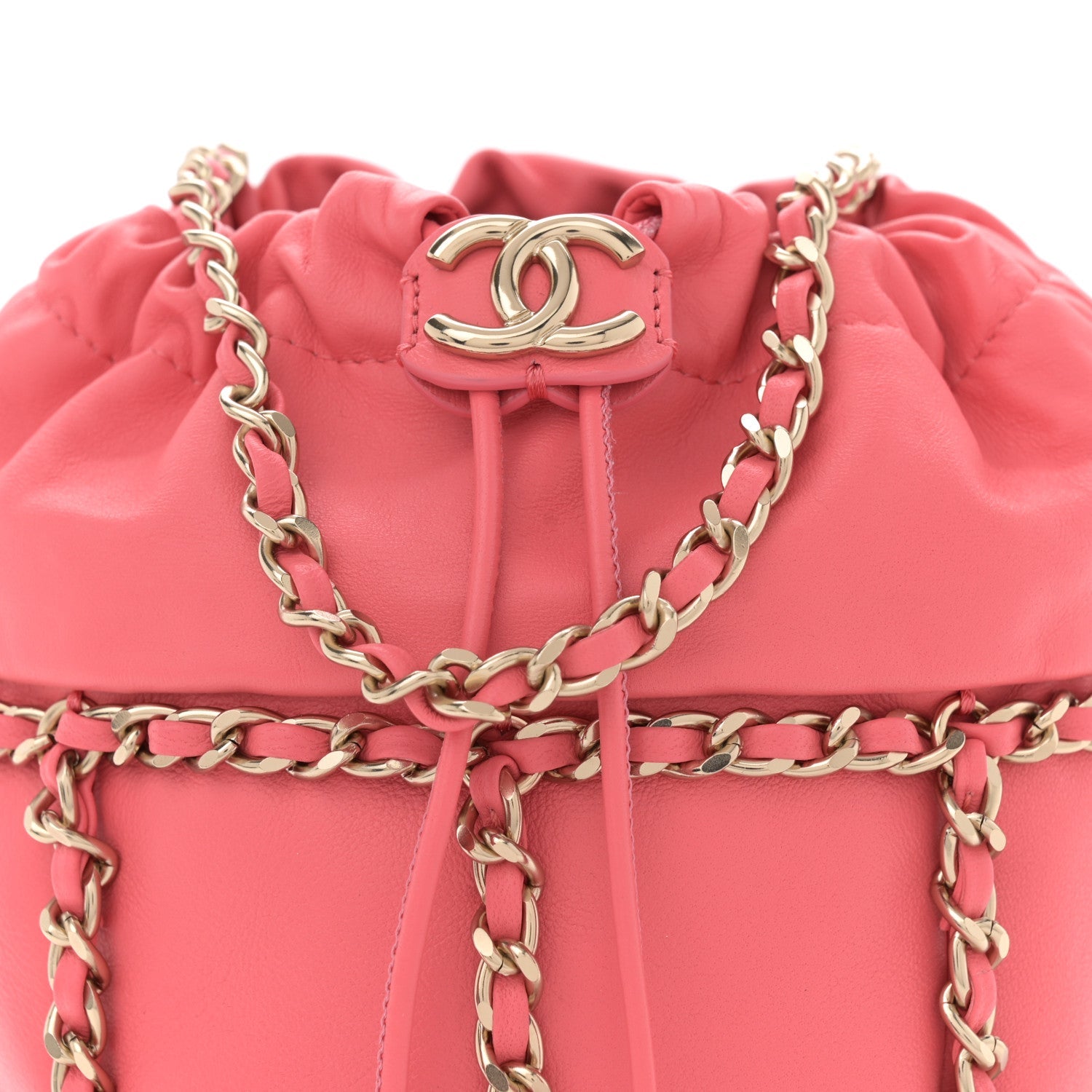 Lambskin Bucket Chain Drawstring Bag Pink