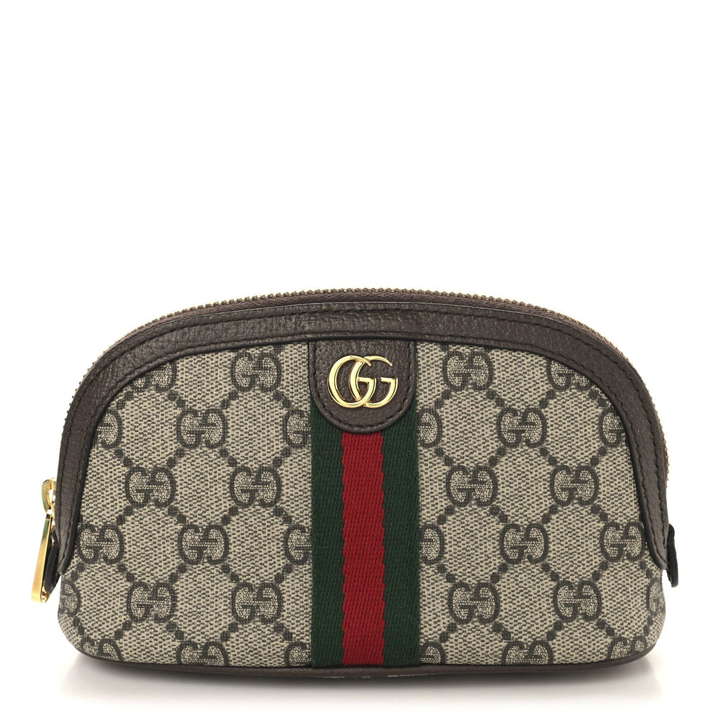 GG Supreme Monogram Textured Calfskin Web Medium Ophidia Cosmetic Case Beige Ebony New Acero