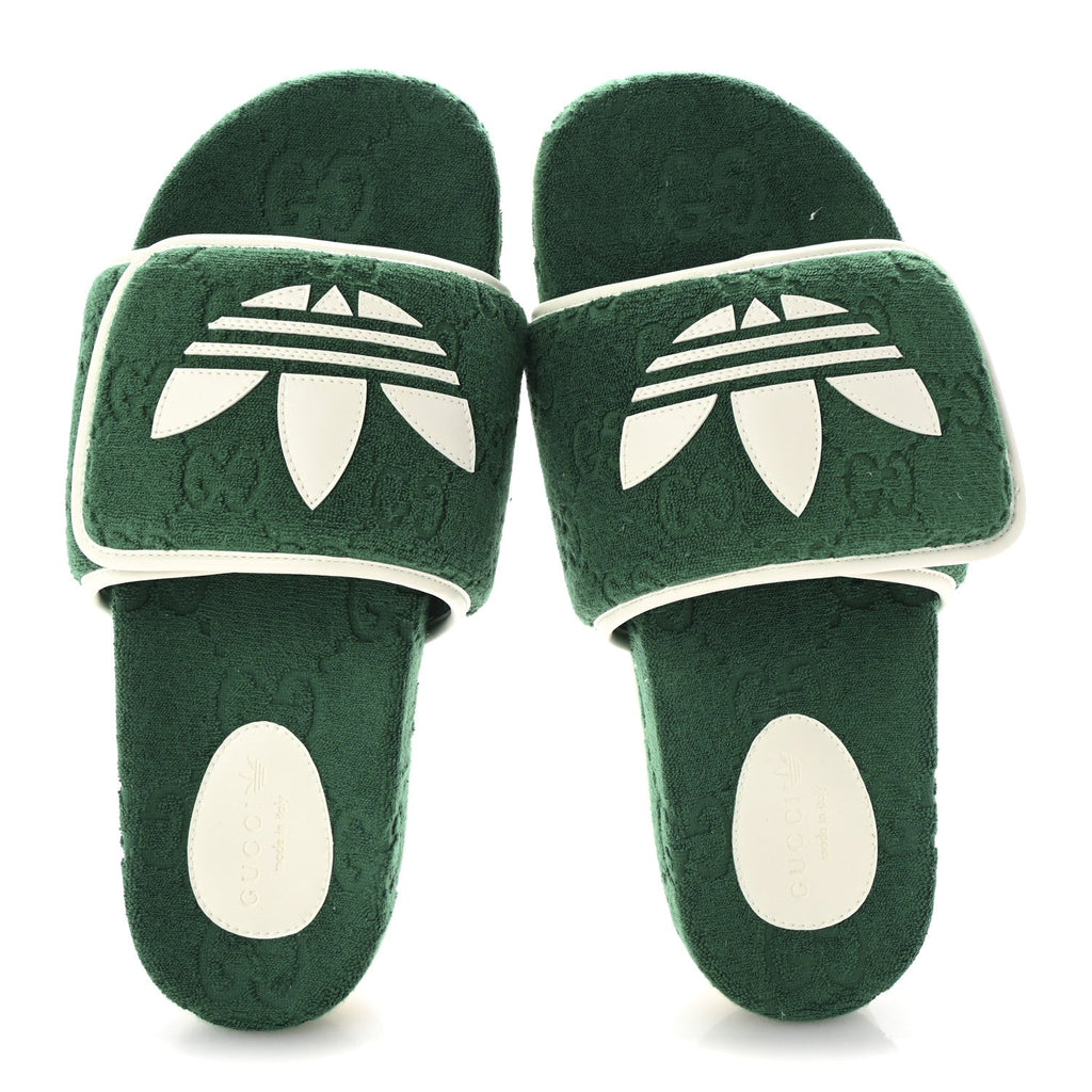 X ADIDAS Terry Cloth Trefoil GG Monogram Mens Platform Sandals 43 Green