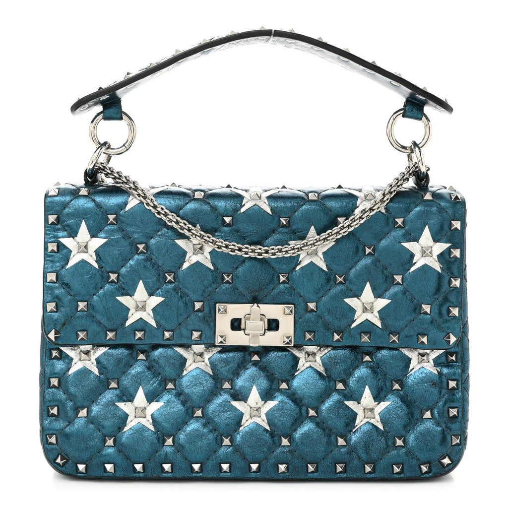 Metallic Wrinkled Lambskin Star Medium Rockstud Spike Shoulder Bag Peacock