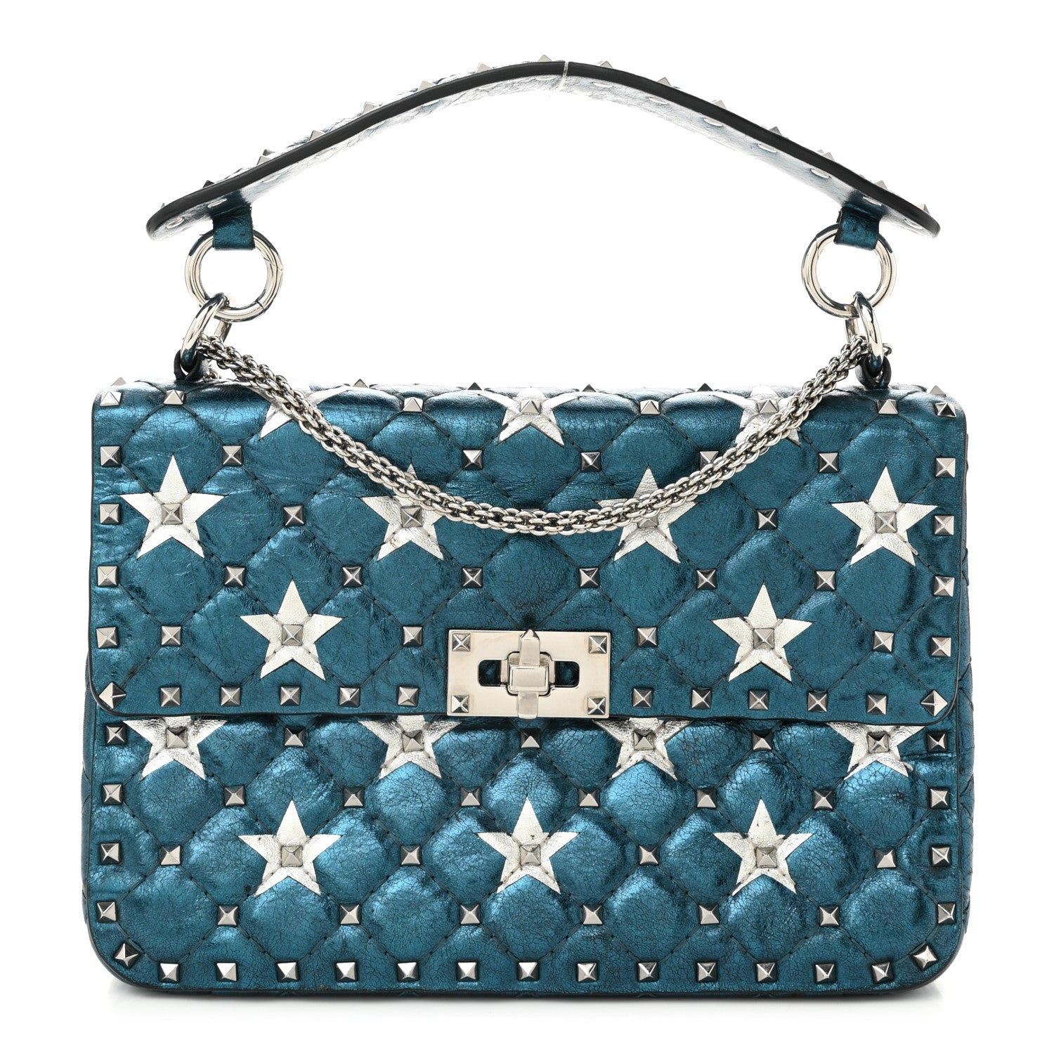 Metallic Wrinkled Lambskin Star Medium Rockstud Spike Shoulder Bag Peacock