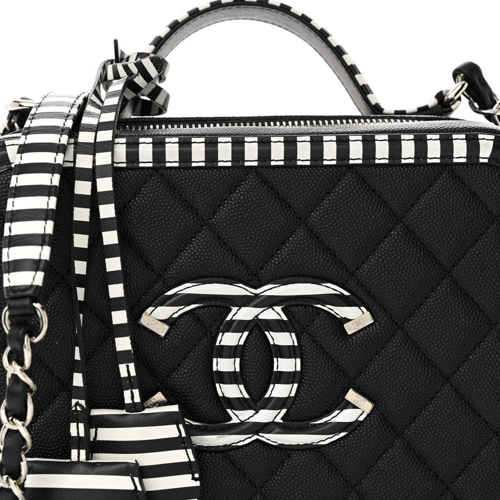 Caviar Quilted Striped Medium CC Filigree Vanity Case Black White
