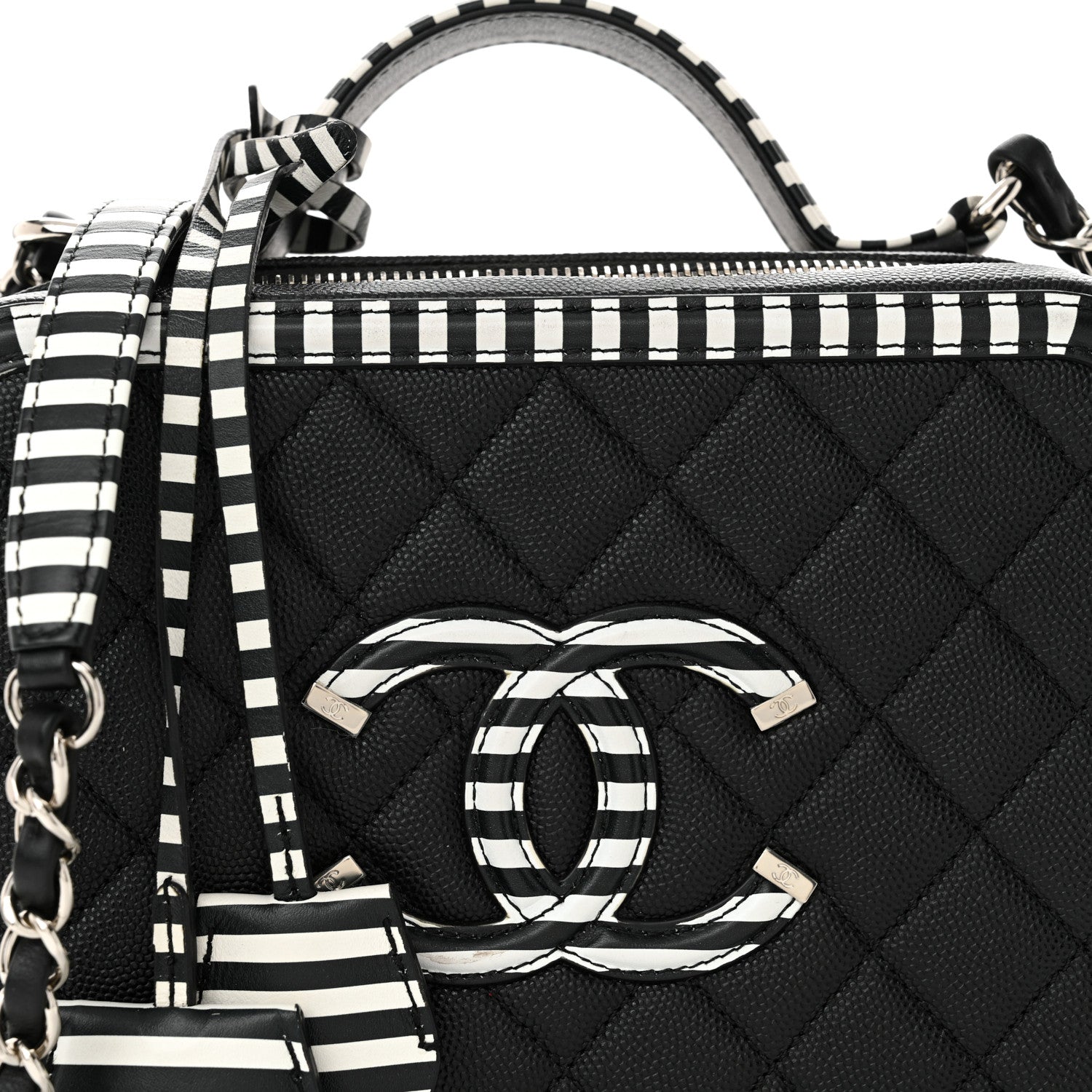 Caviar Quilted Striped Medium CC Filigree Vanity Case Black White