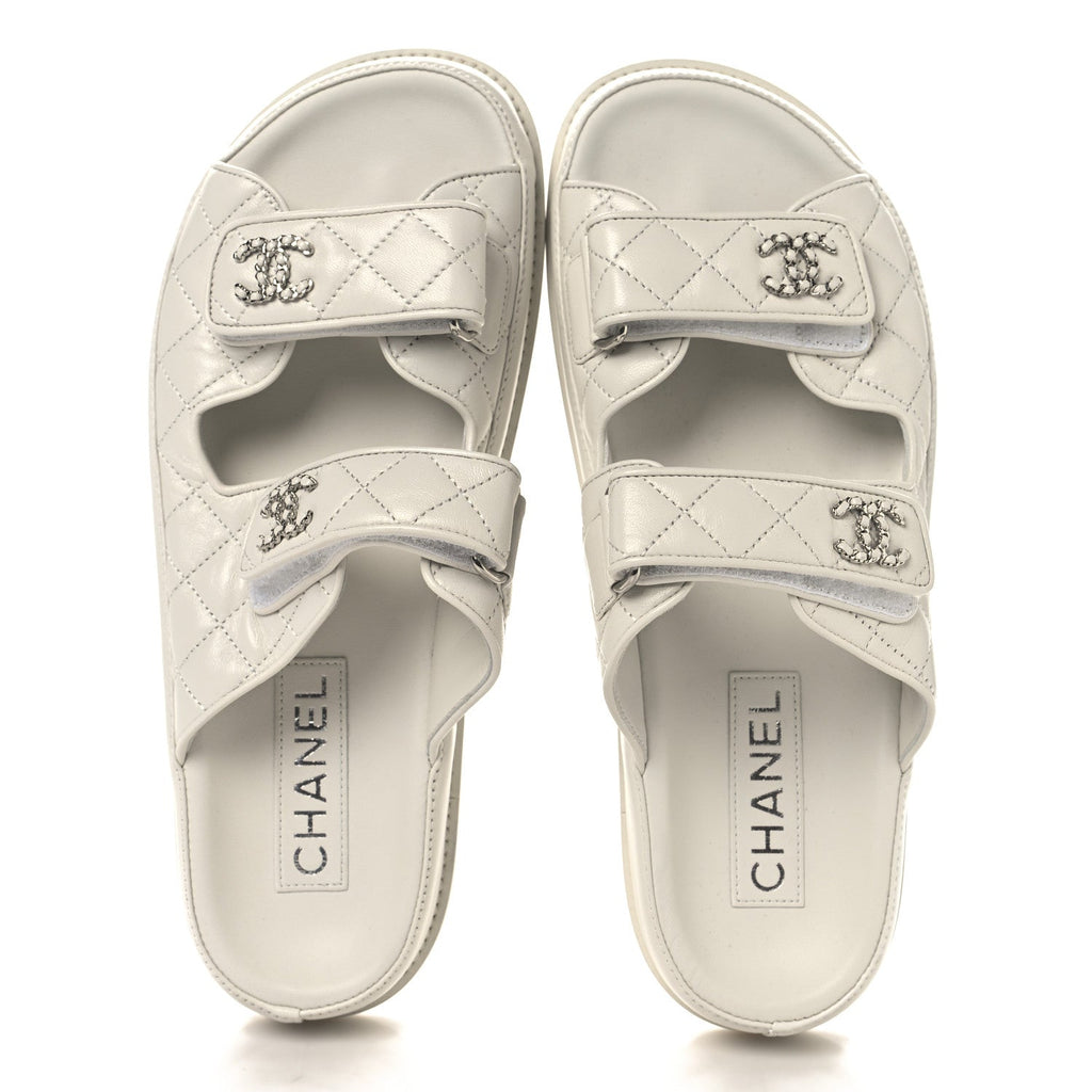 Lambskin Quilted Velcro Dad Chain CC Slide Sandals 39 White