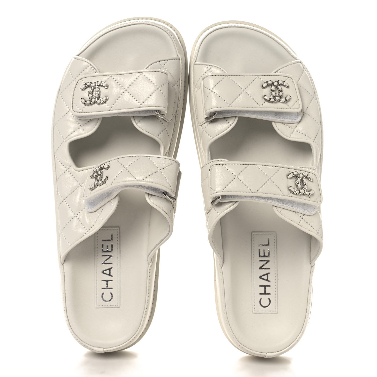 Lambskin Quilted Velcro Dad Chain CC Slide Sandals 39 White