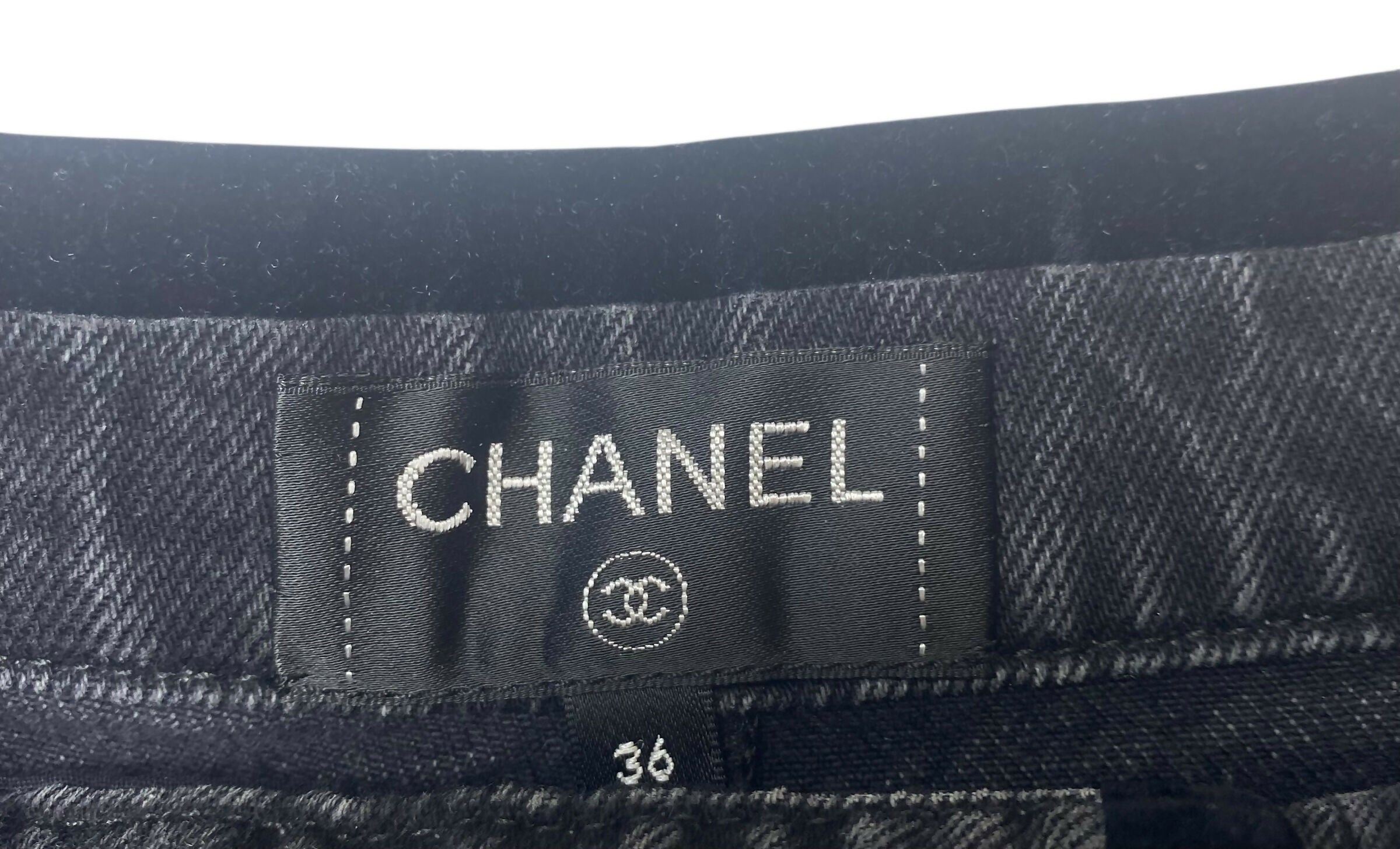 Chanel 20C Washed black velvet-trimmed cotton denim sailor boyfriend jeans FR 36