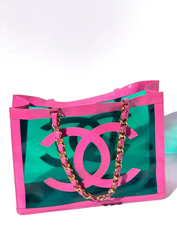 Chanel 1995 Vintage Barbie Pink Patent PVC Chunky Chain Tote Bag