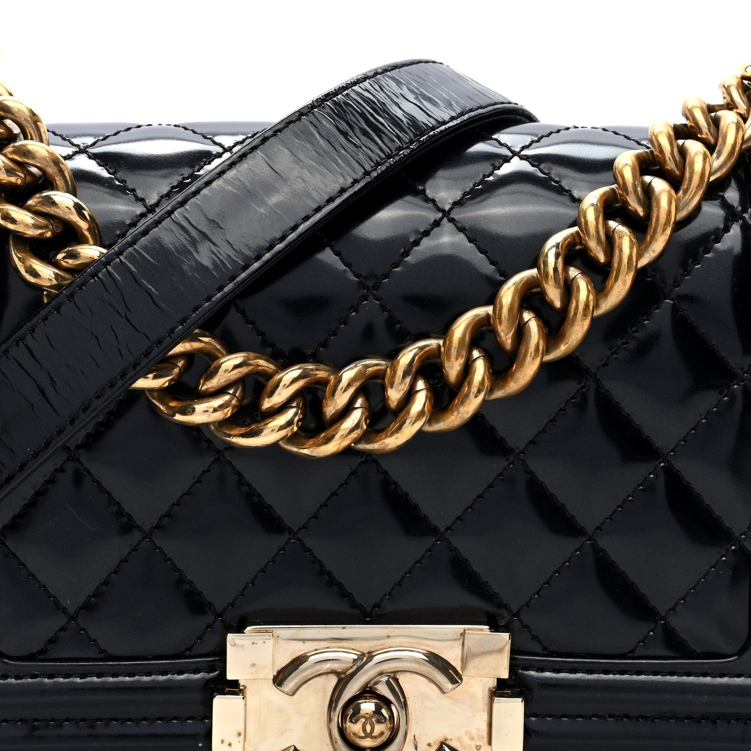 Iridescent Glazed Calfskin Quilted Small Boy Flap Black