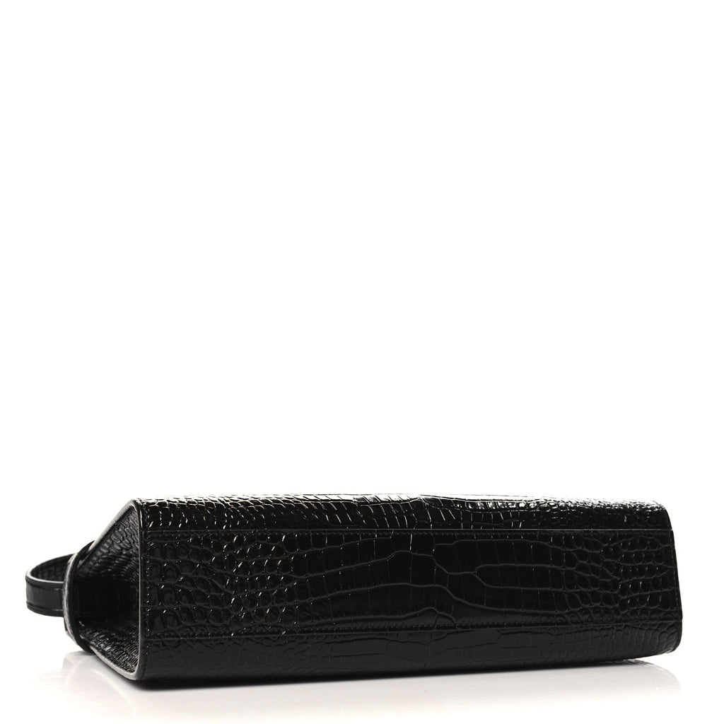 Shiny Calfskin Crocodile Embossed Manhattan Baguette Black