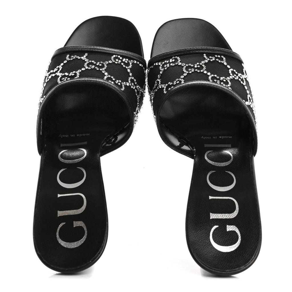 Tela Retino Kid Scamosciato Crystal GG Monogram Square Demi Mule Sandals 35.5 Black