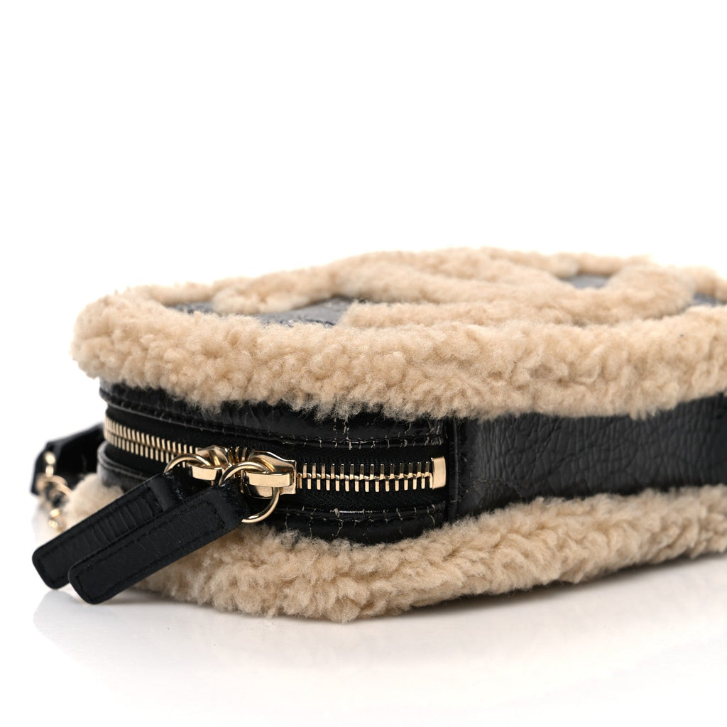 Shiny Crumpled Sheepskin Shearling Waist Bag Black Beige