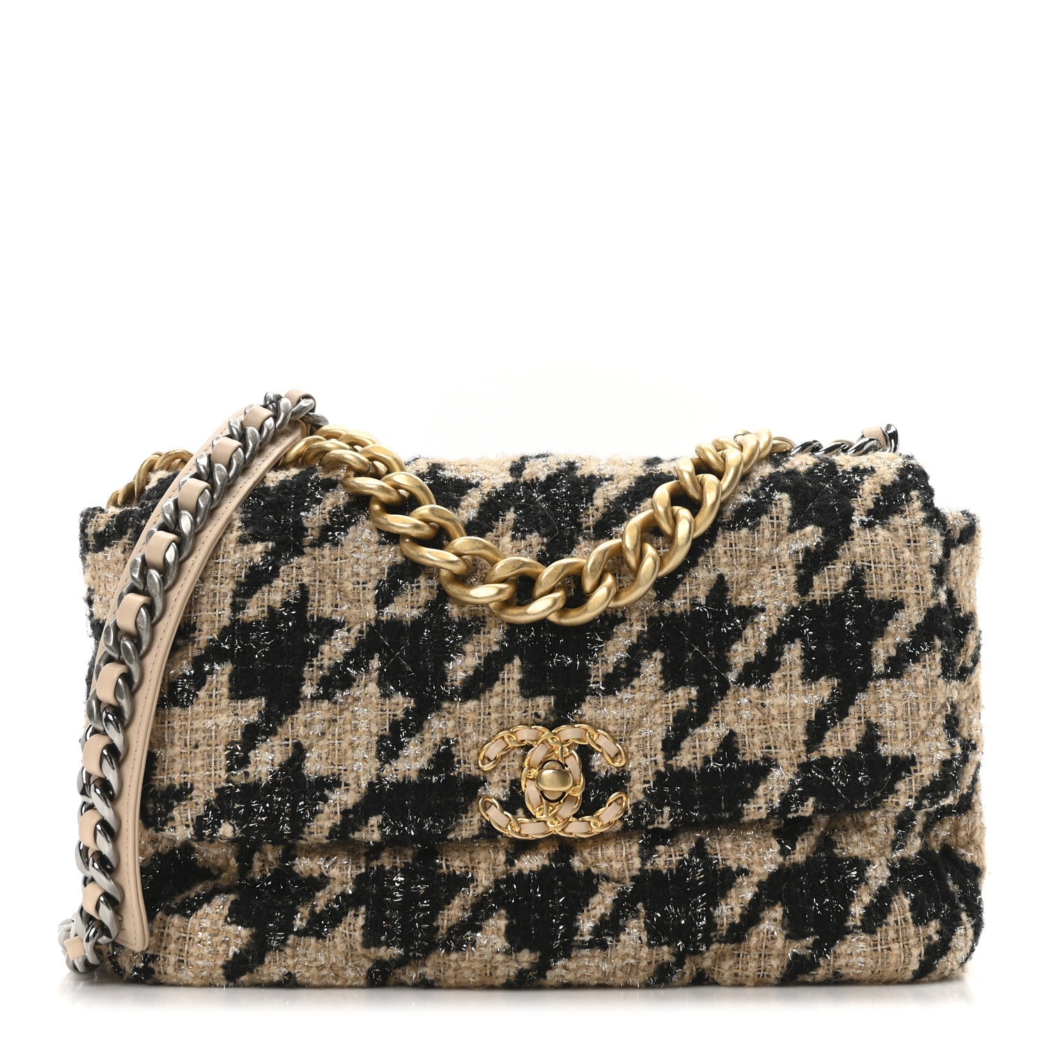 Tweed Large Chanel 19 Flap Beige Black