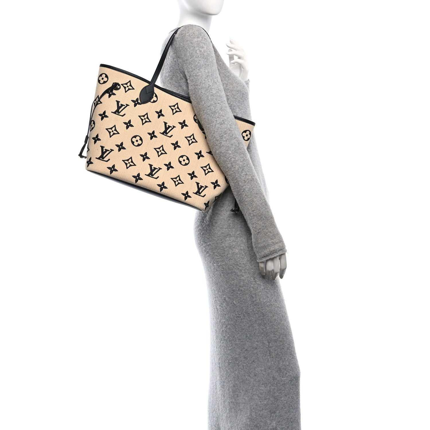 Cotton Monogram Embroidered Neverfull MM Beige Black