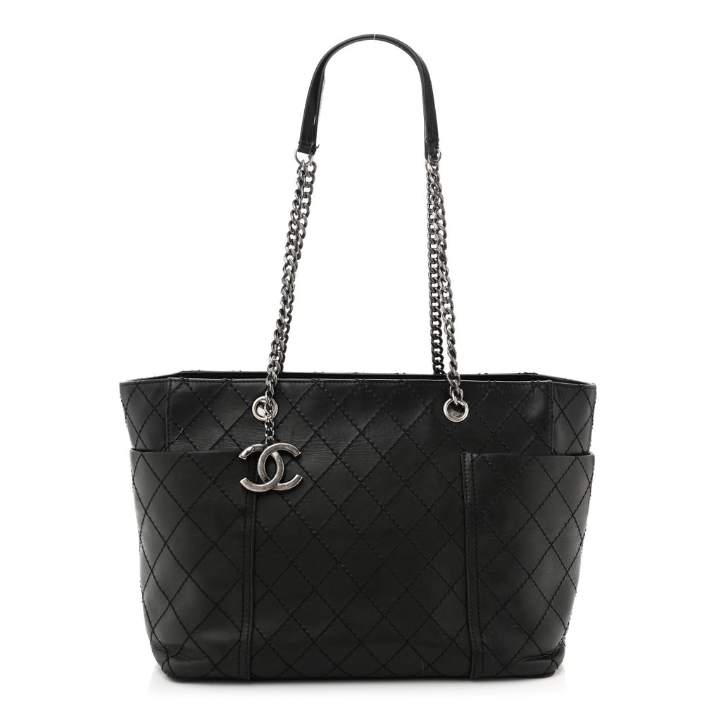 Lambskin Stitched Shopping Tote Black