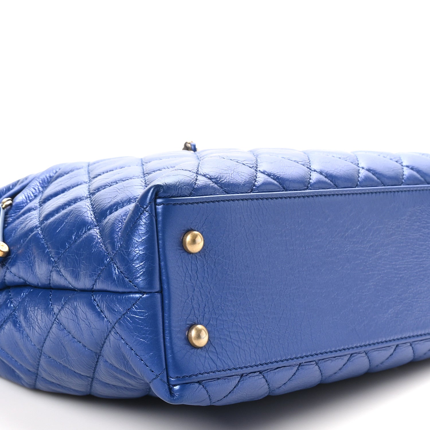 Metallic Aged Calfskin Quilted Drawstring Shopping Tote Blue
