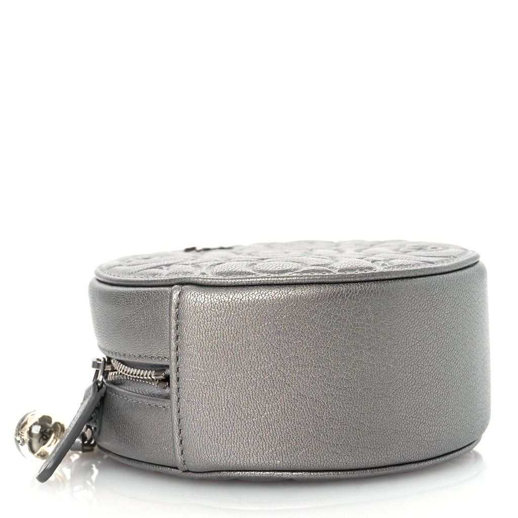 Goatskin Camellia Embossed Round Clutch With Chain Grey