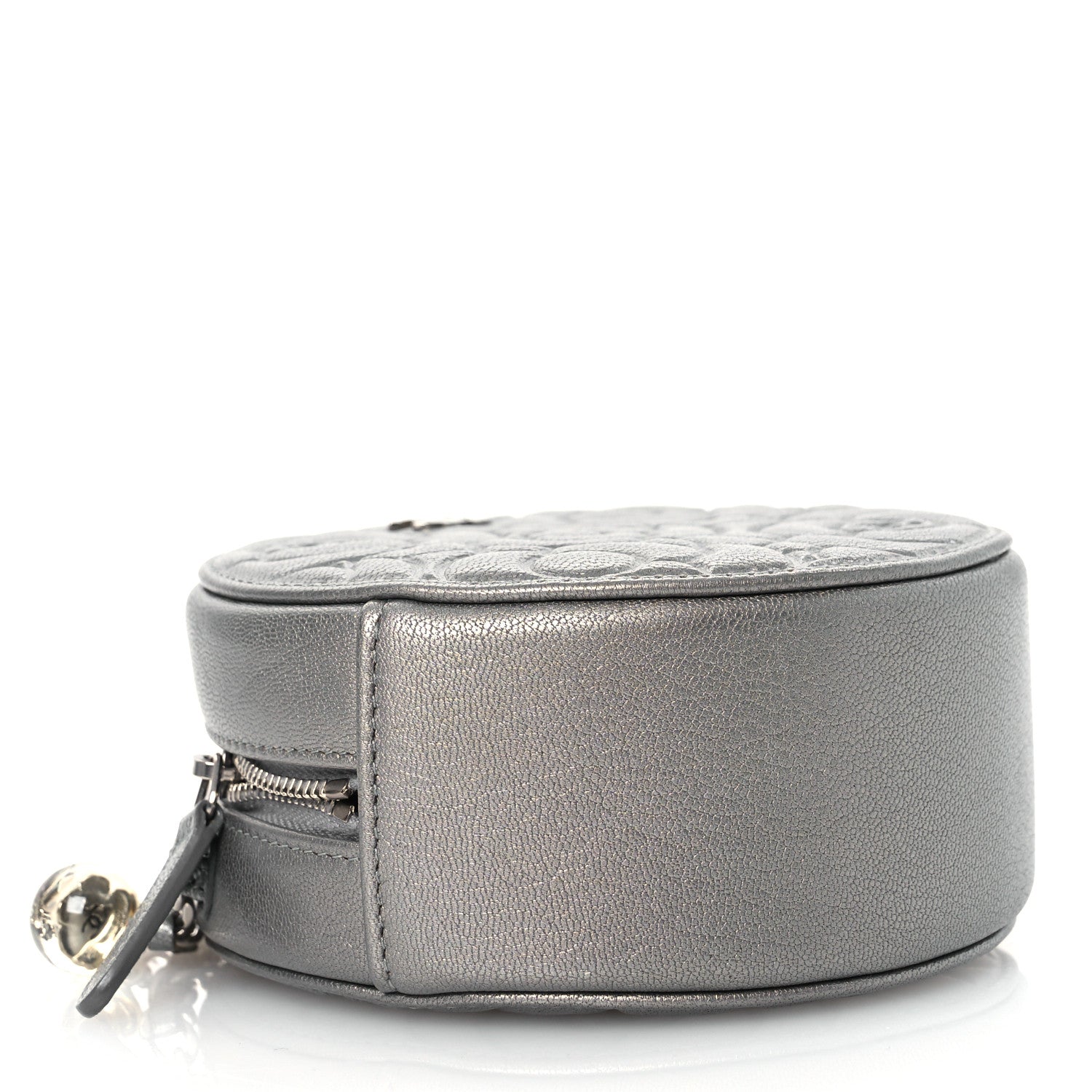 Goatskin Camellia Embossed Round Clutch With Chain Grey