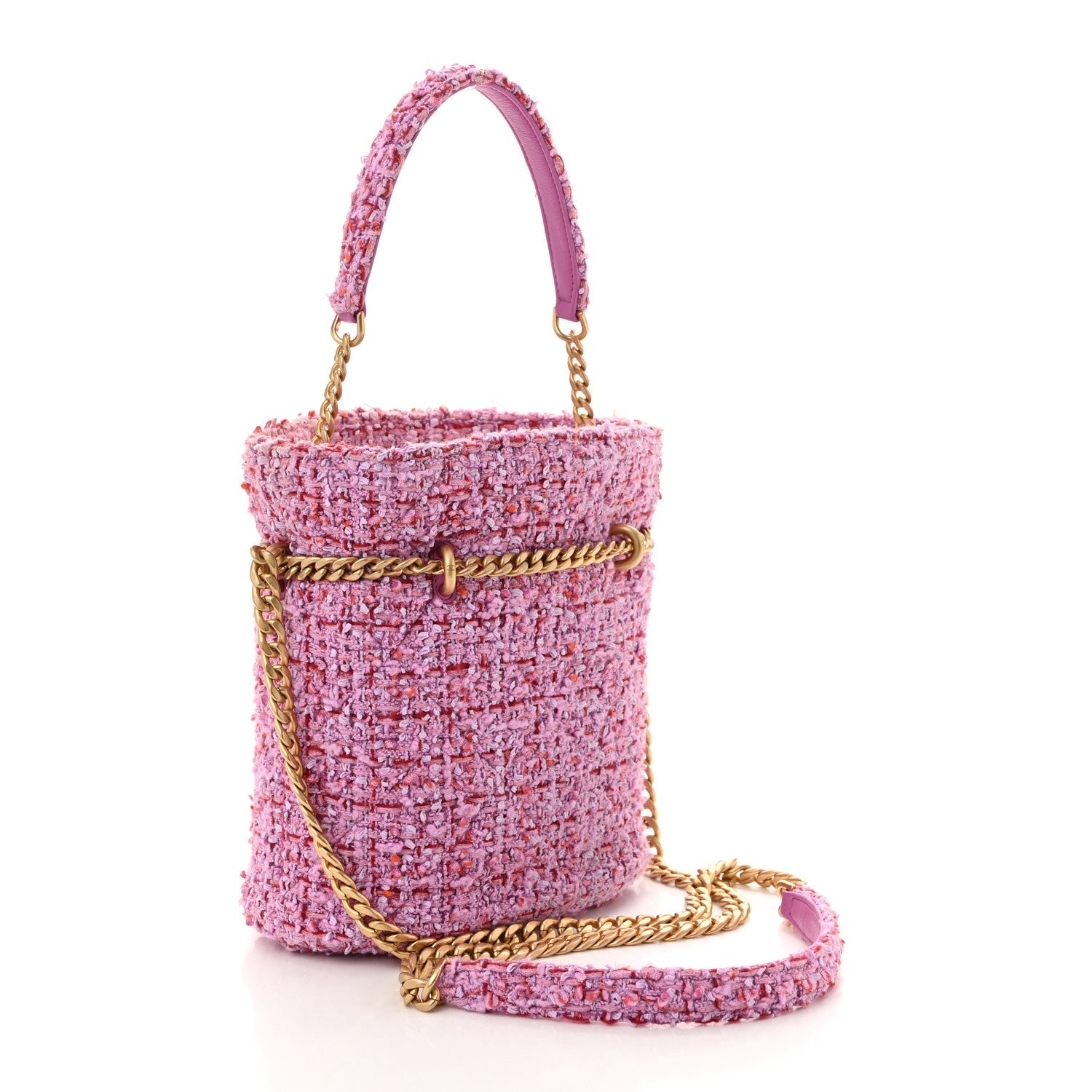 Tweed Enamel Quilted Pending CC Bucket Drawstring Bag Pink Purple