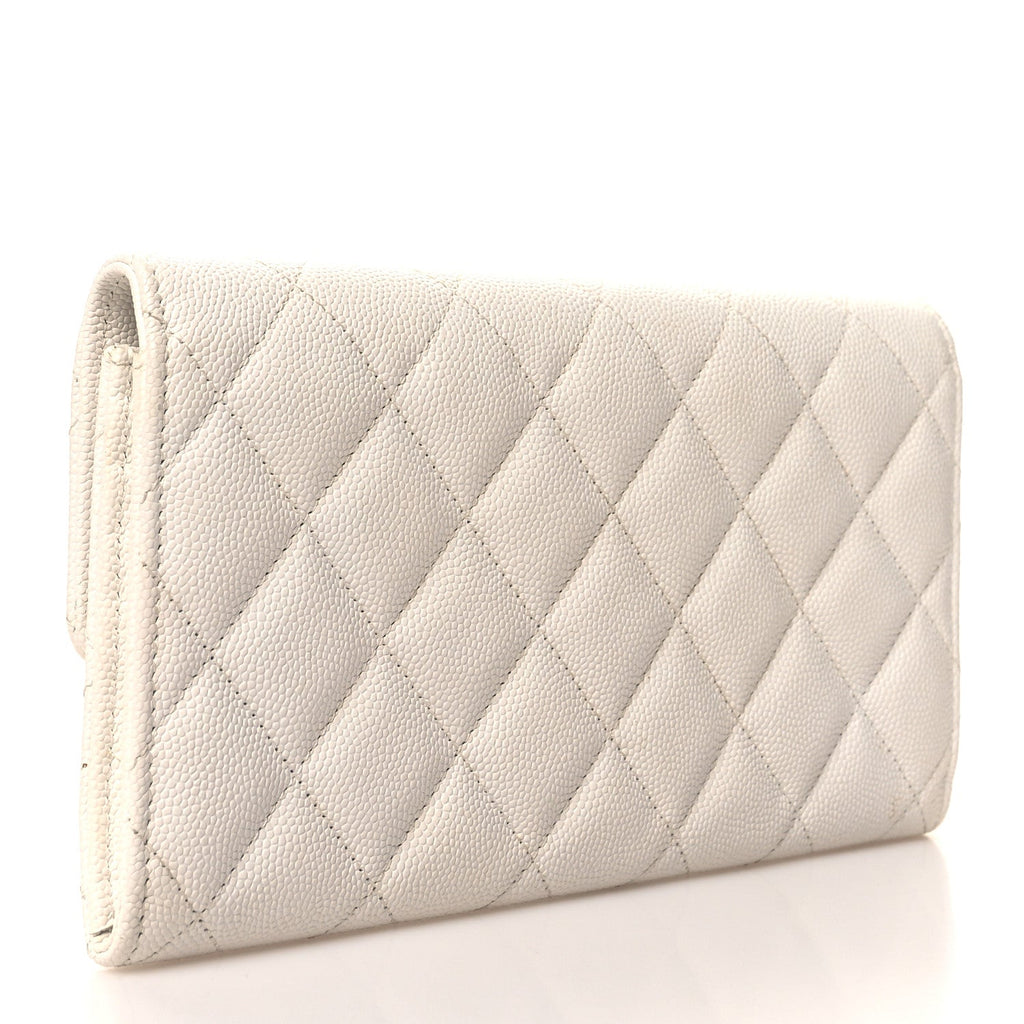 Caviar Quilted Striated CC Large Gusset Flap Wallet White