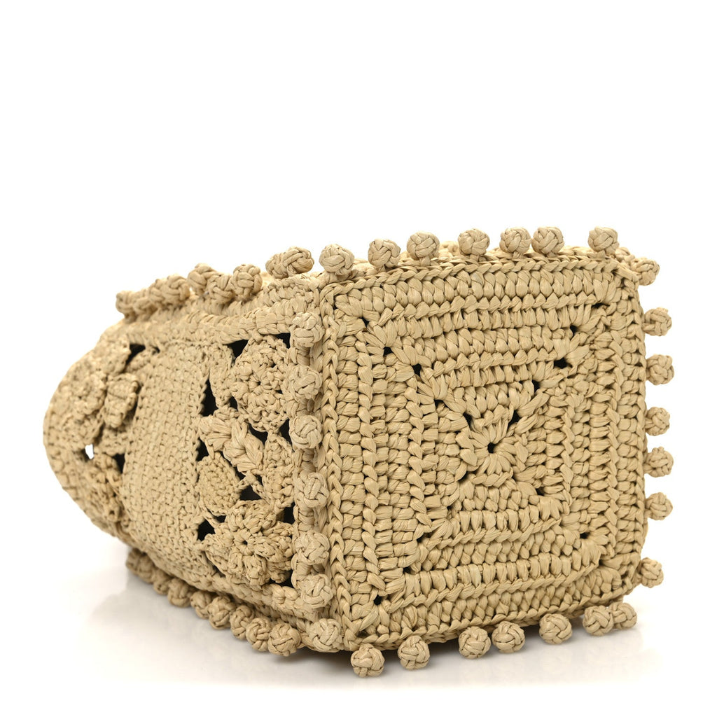Woven Raffia Floral Embellished D-Bubble Bucket Bag Natural