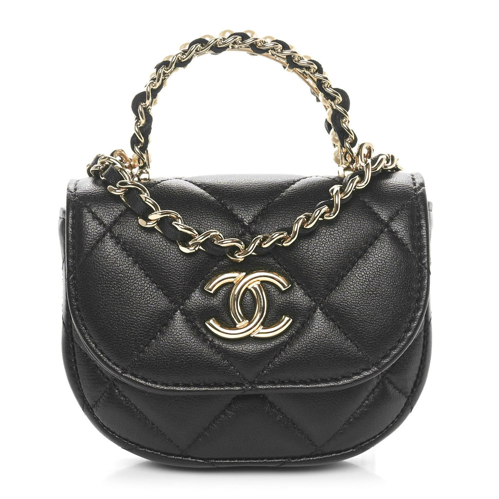 Lambskin Quilted Pearl Top Handle Clutch With Chain Black