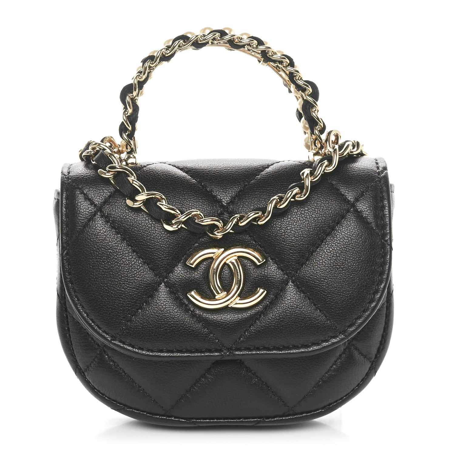 Lambskin Quilted Pearl Top Handle Clutch With Chain Black