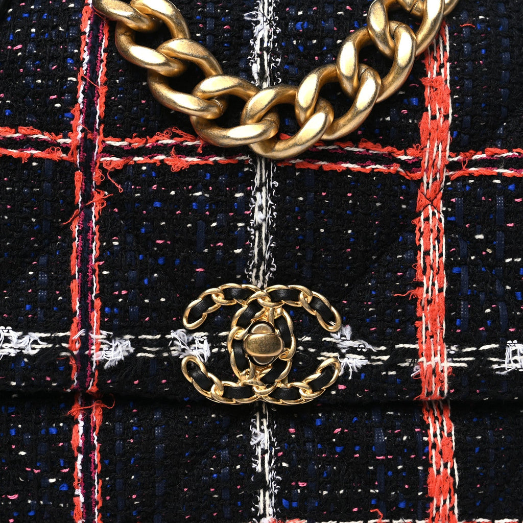 Tweed Quilted Large Chanel 19 Flap Black Orange Blue