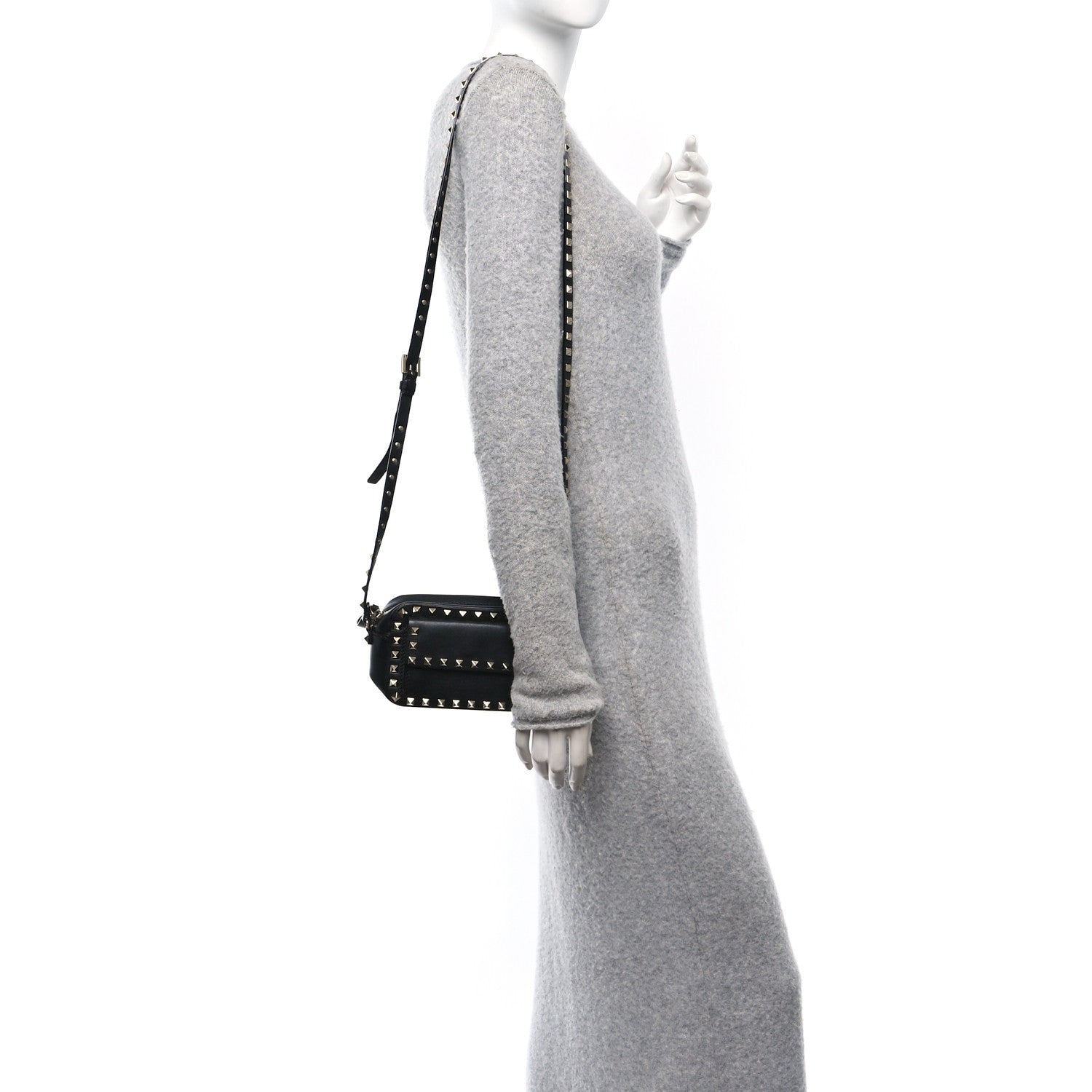 Grained Calfskin Small Rockstud Flap Pocket Camera Crossbody Bag Black