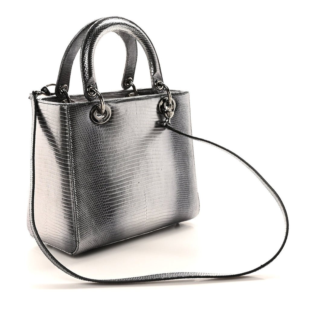 Metallic Lizard Medium Lady Dior Silver