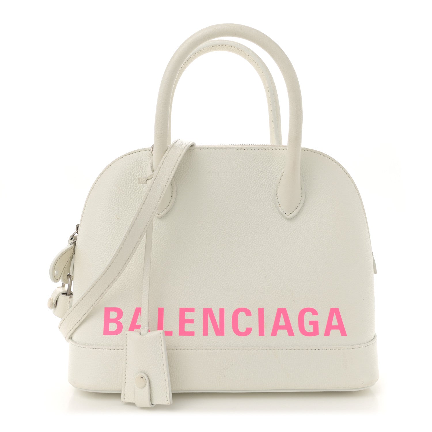 Signature Grained Calfskin Logo S Ville Top Handle Bag White Pink
