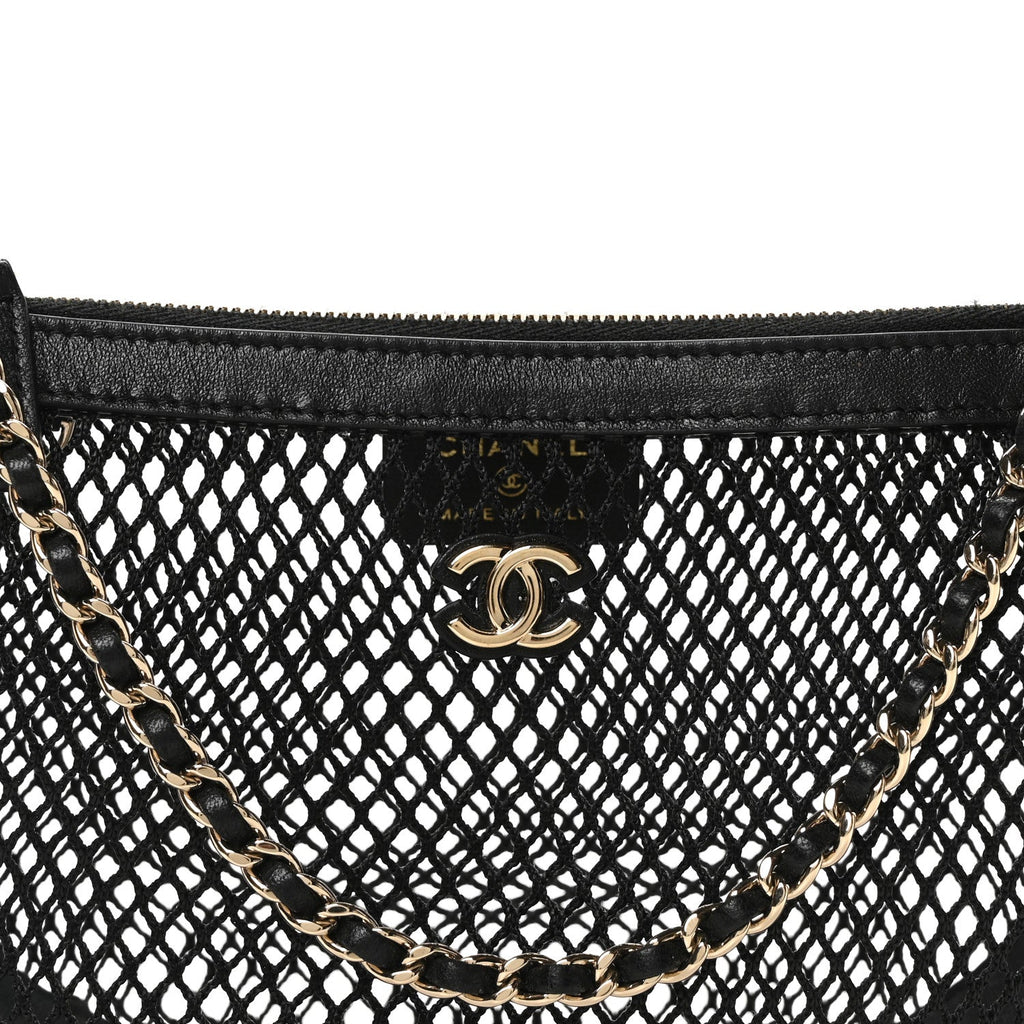 Mesh Shiny Lambskin Chain Hobo Black