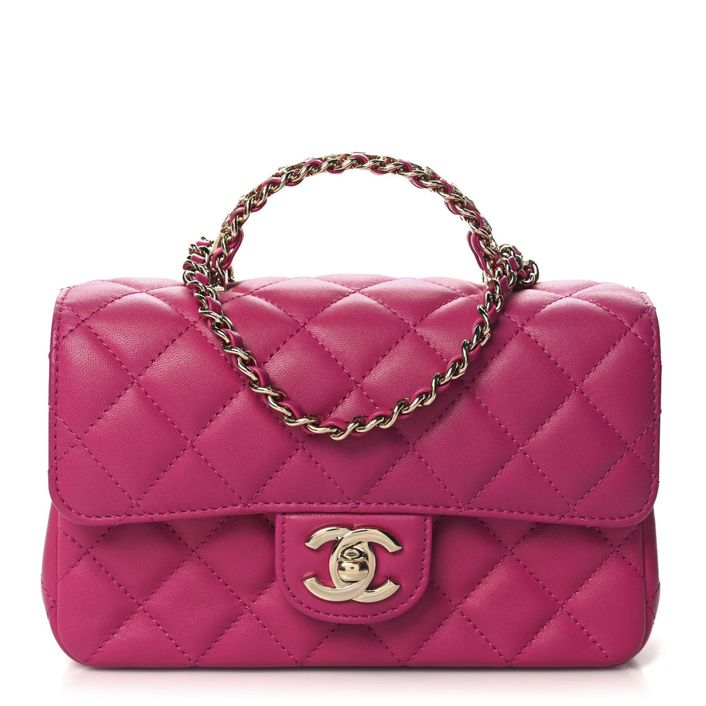 Lambskin Quilted Mini Crystal Top Handle Rectangular Flap Dark Pink