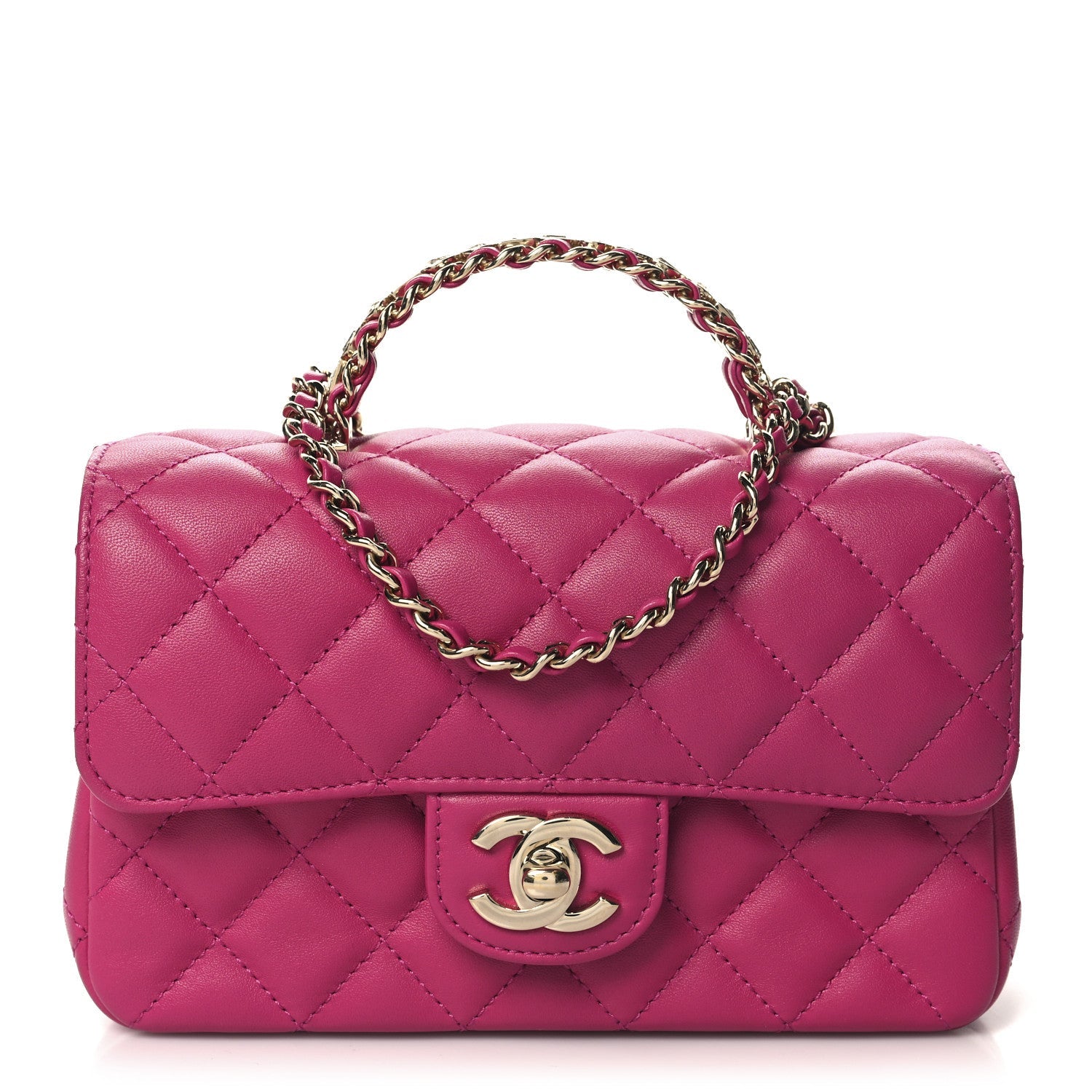 Lambskin Quilted Mini Crystal Top Handle Rectangular Flap Dark Pink
