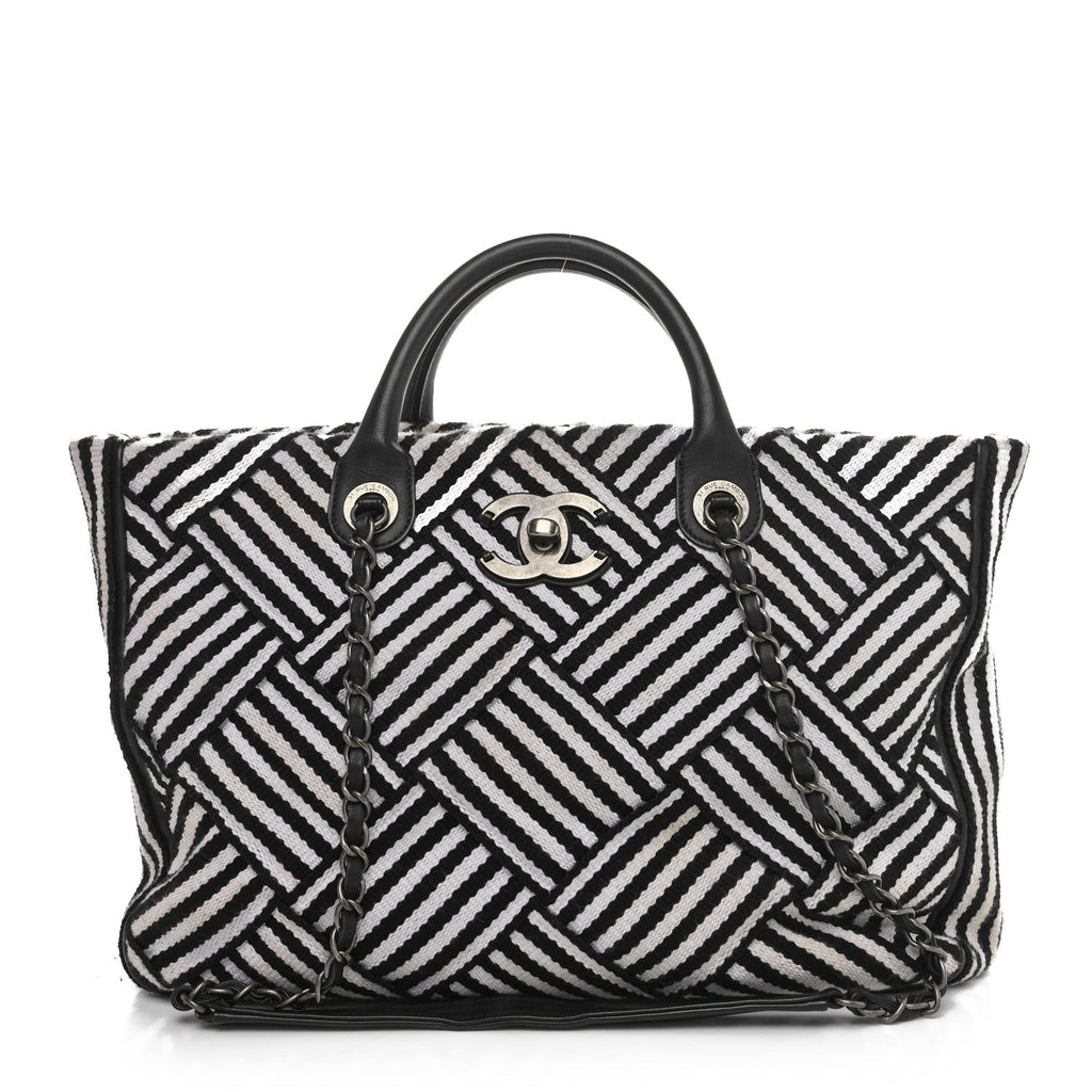 Woven Canvas Large Easy Shopping Tote Black White