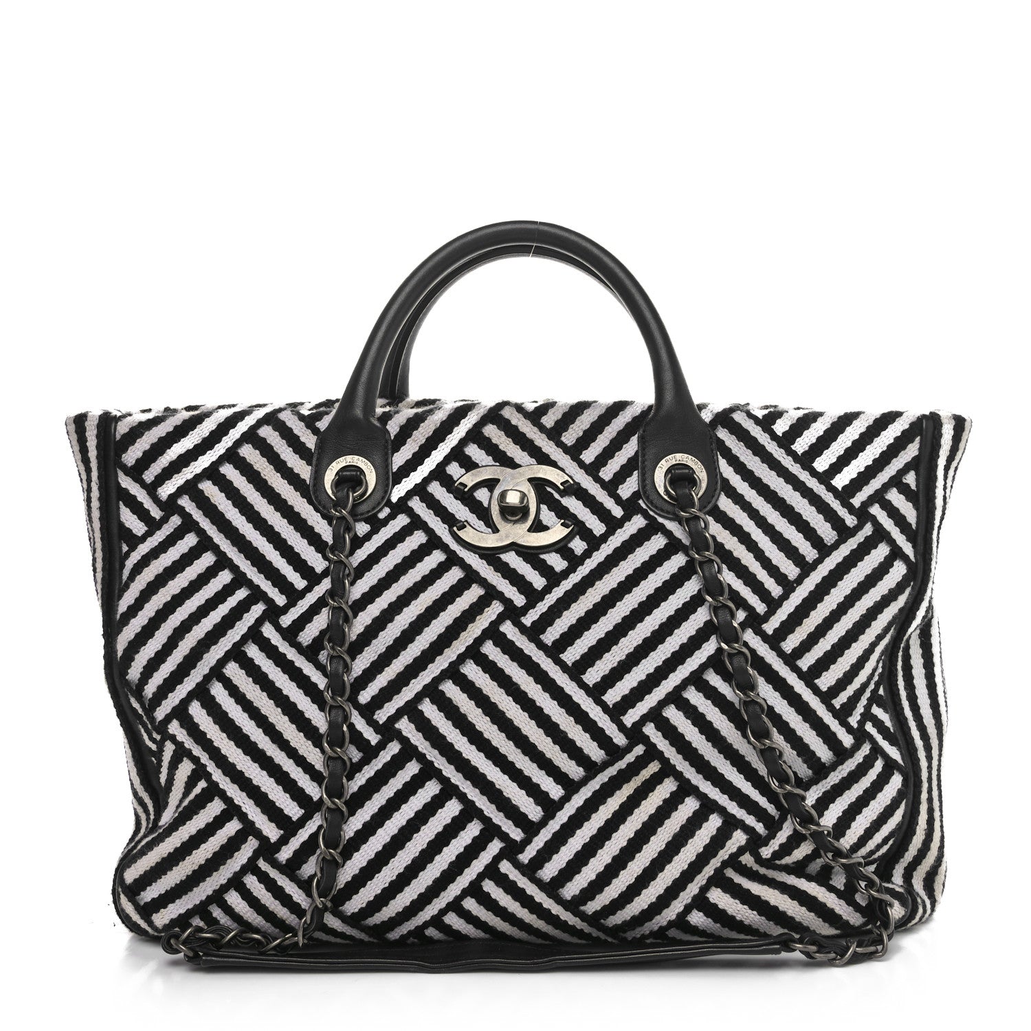 Woven Canvas Large Easy Shopping Tote Black White