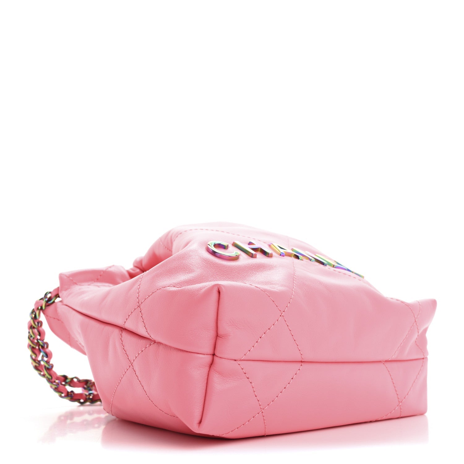 Shiny Calfskin Quilted Rainbow Metal Mini Chanel 22 Coral Pink