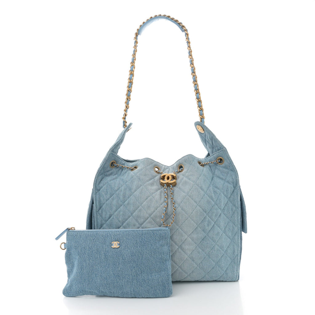 Washed Denim Quilted Medium Chanel 25 Handbag Blue