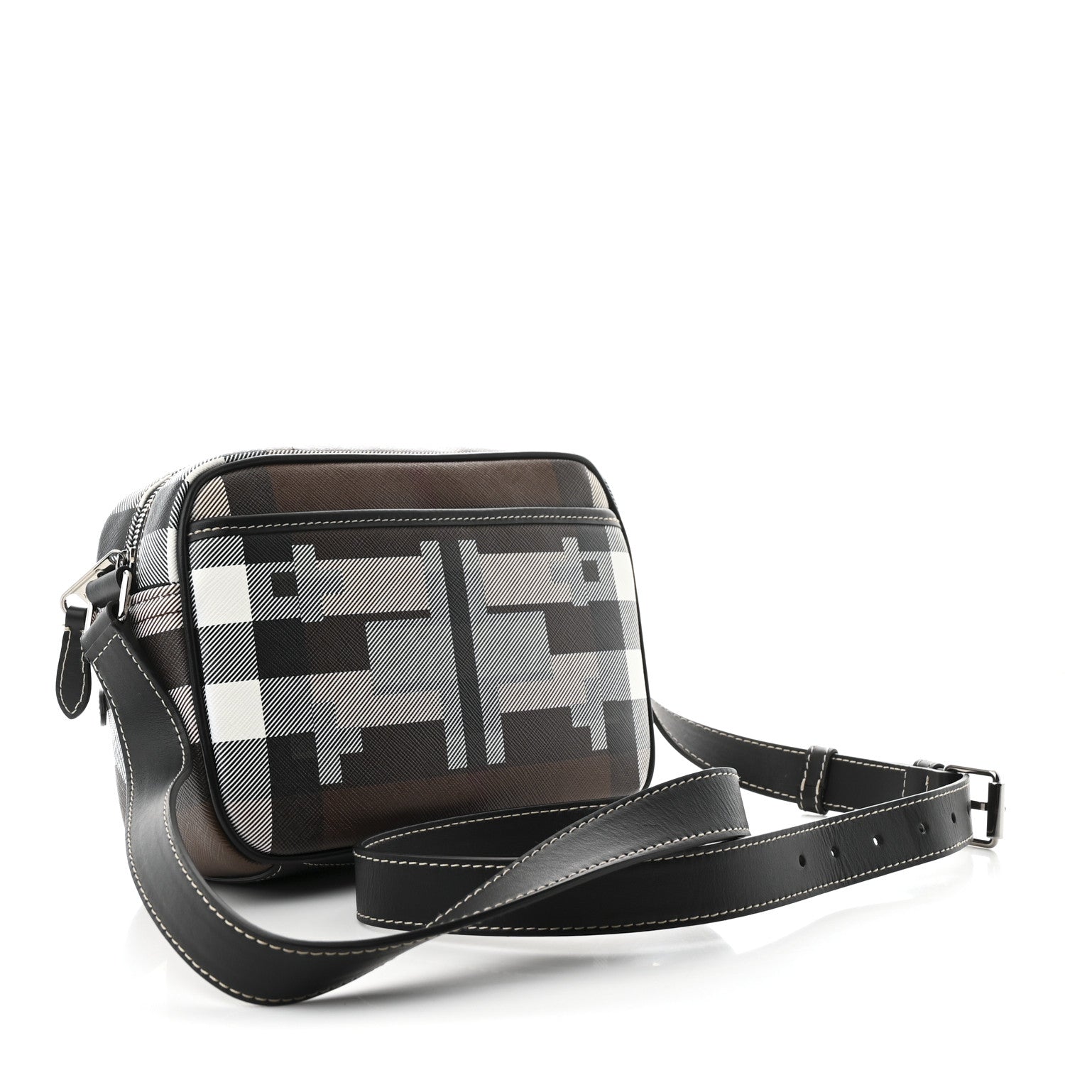 E-Canvas Calfskin Geometric Check Paddy Messenger Dark Birch Brown White