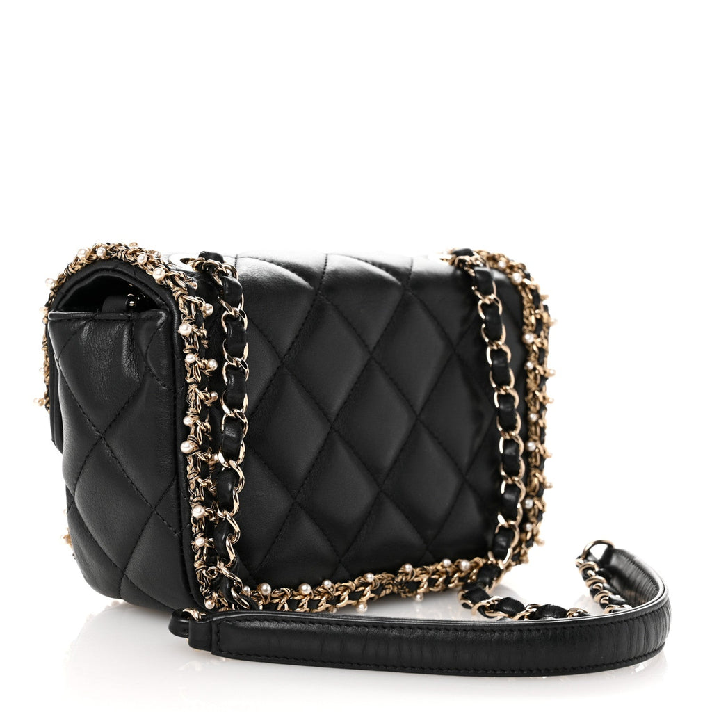 Lambskin Quilted Pearl Edge Mini Rectangular Flap Bag Black