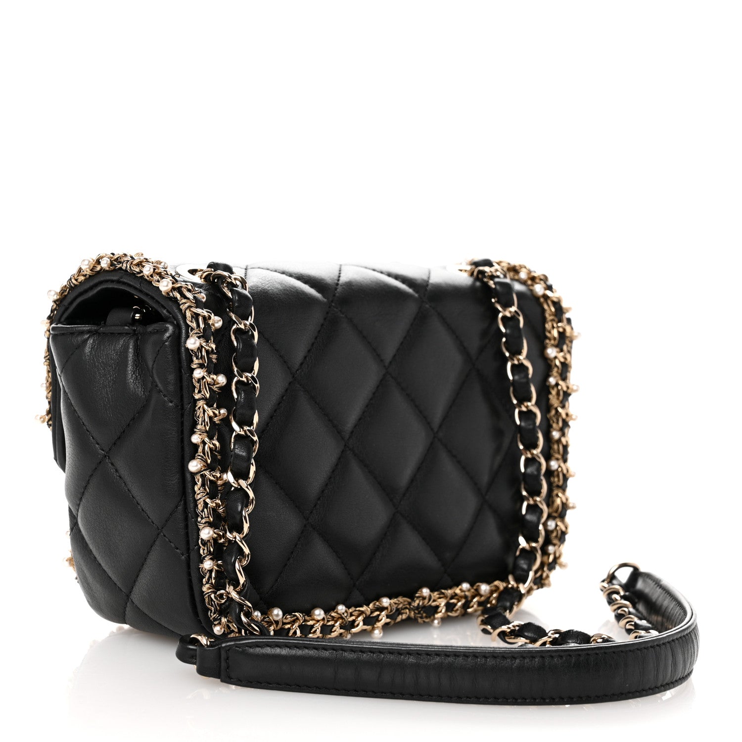 Lambskin Quilted Pearl Edge Mini Rectangular Flap Bag Black