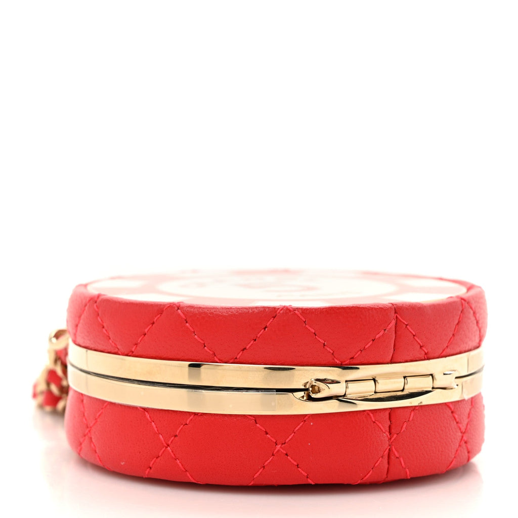Lambskin Enamel Quilted Round Poker Chip Clutch With Chain Red White