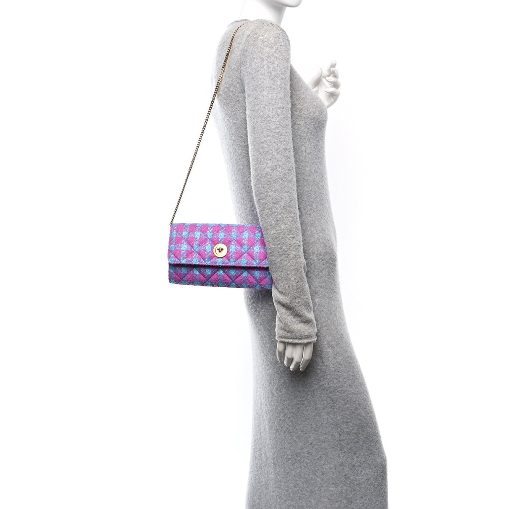 Tweed Quilted Medusa Wallet on Chain Crossbody Pink Blue