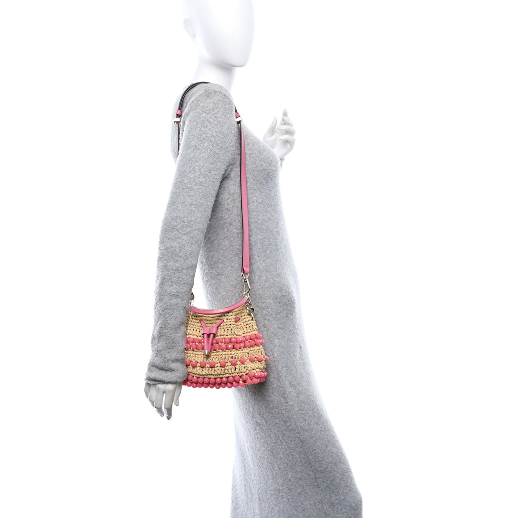 Calfskin Raffia Beaded Bon Bon Bucket Bag Beige Pink