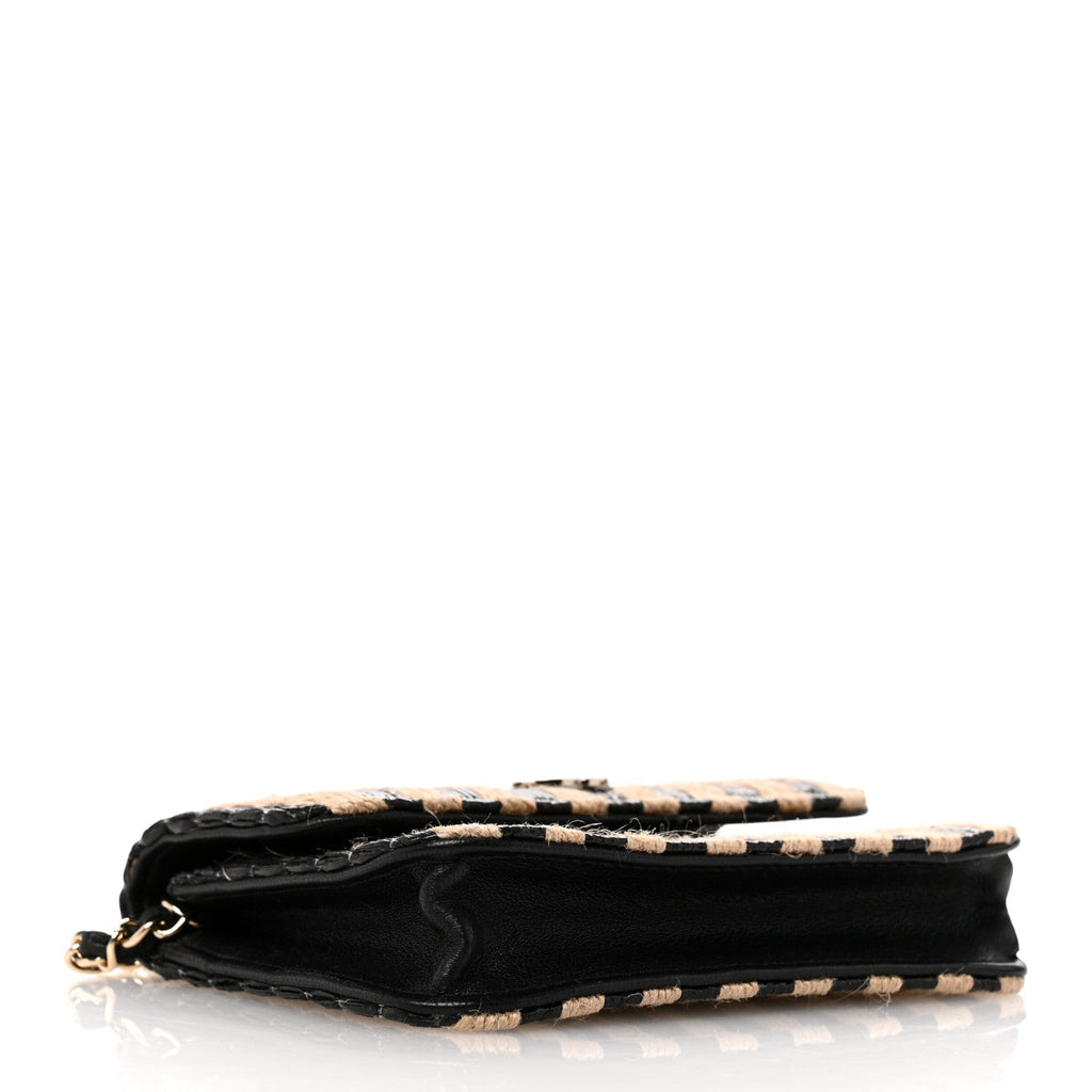 Raffia Jute Striped Belt Bag Black Beige