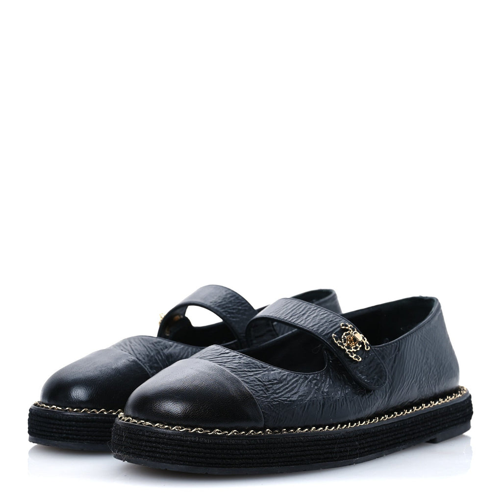 Crumpled Lambskin Cap Toe Chain CC Turnlock Mary Jane Flats 36 Black