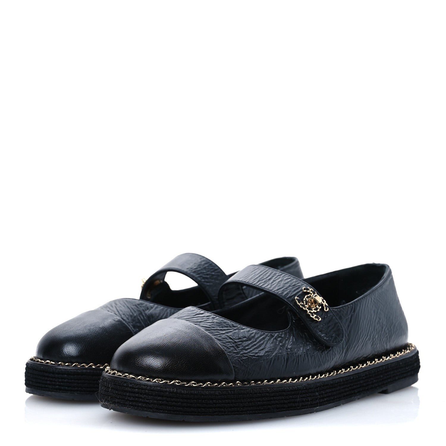 Crumpled Lambskin Cap Toe Chain CC Turnlock Mary Jane Flats 36 Black
